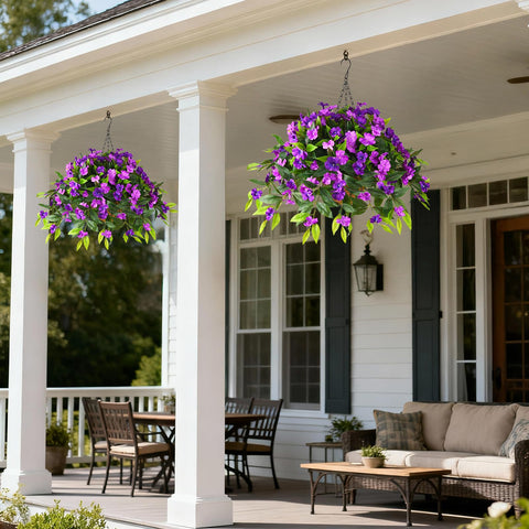 Hommyea garden patio hanging flowers basket showcases lush color without upkeep.