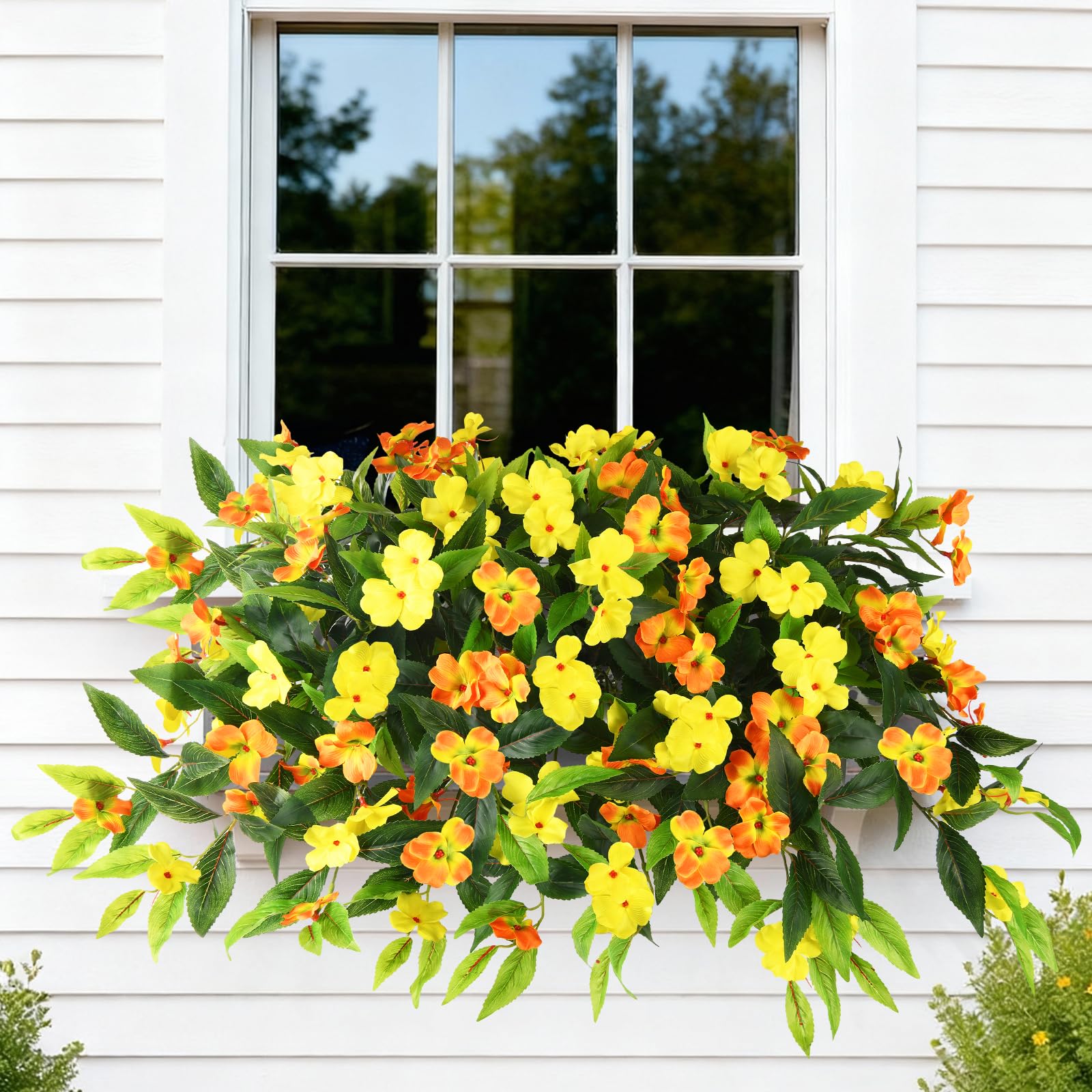 Hommyea weatherproof artificial flowers in garden, resist sun and rain without fading.