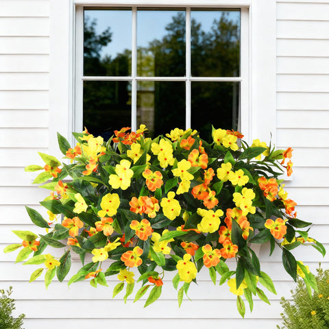Hommyea weatherproof artificial flowers in garden, resist sun and rain without fading.