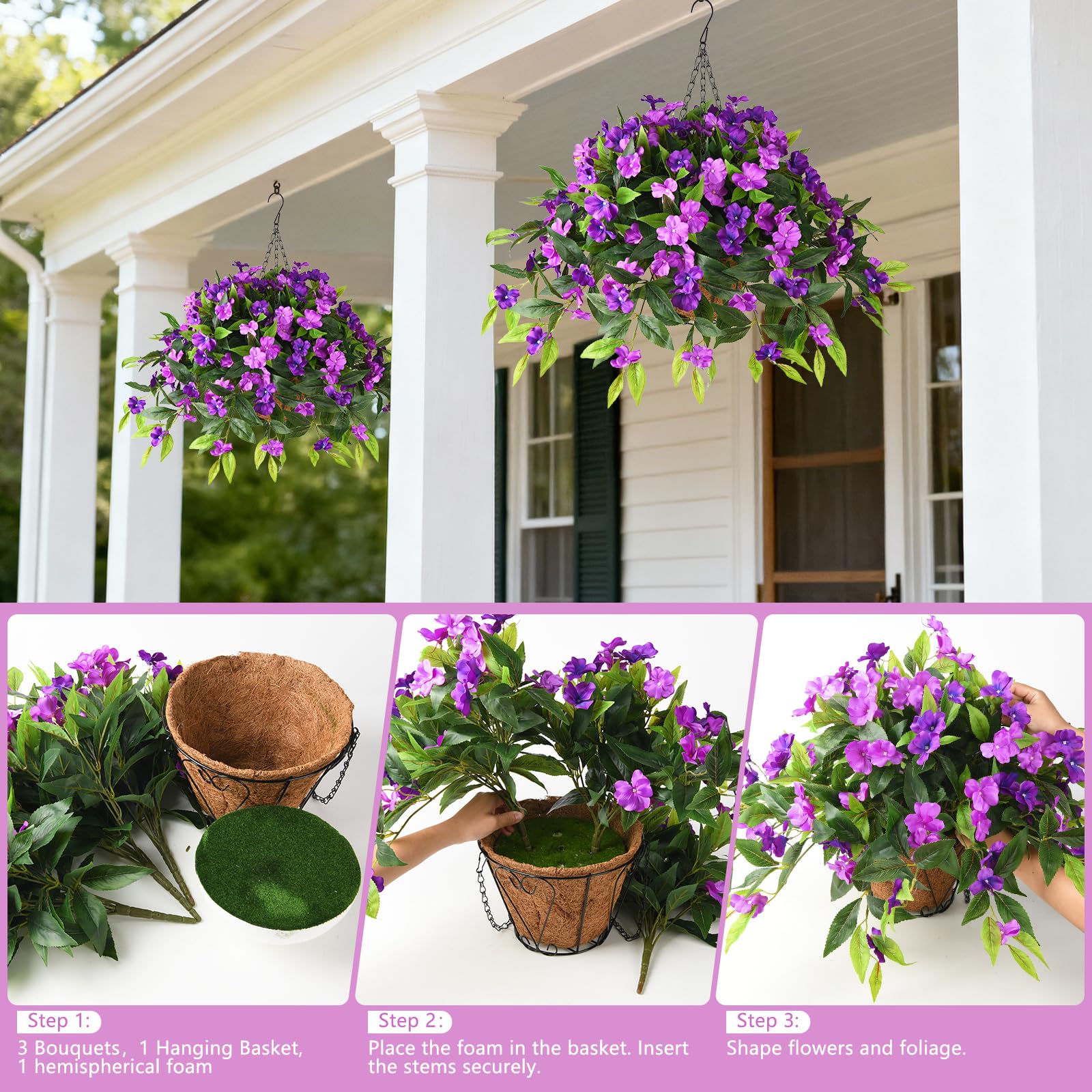 Hommyea weatherproof hanging flowers basket resists sun and rain for year-round decor.
