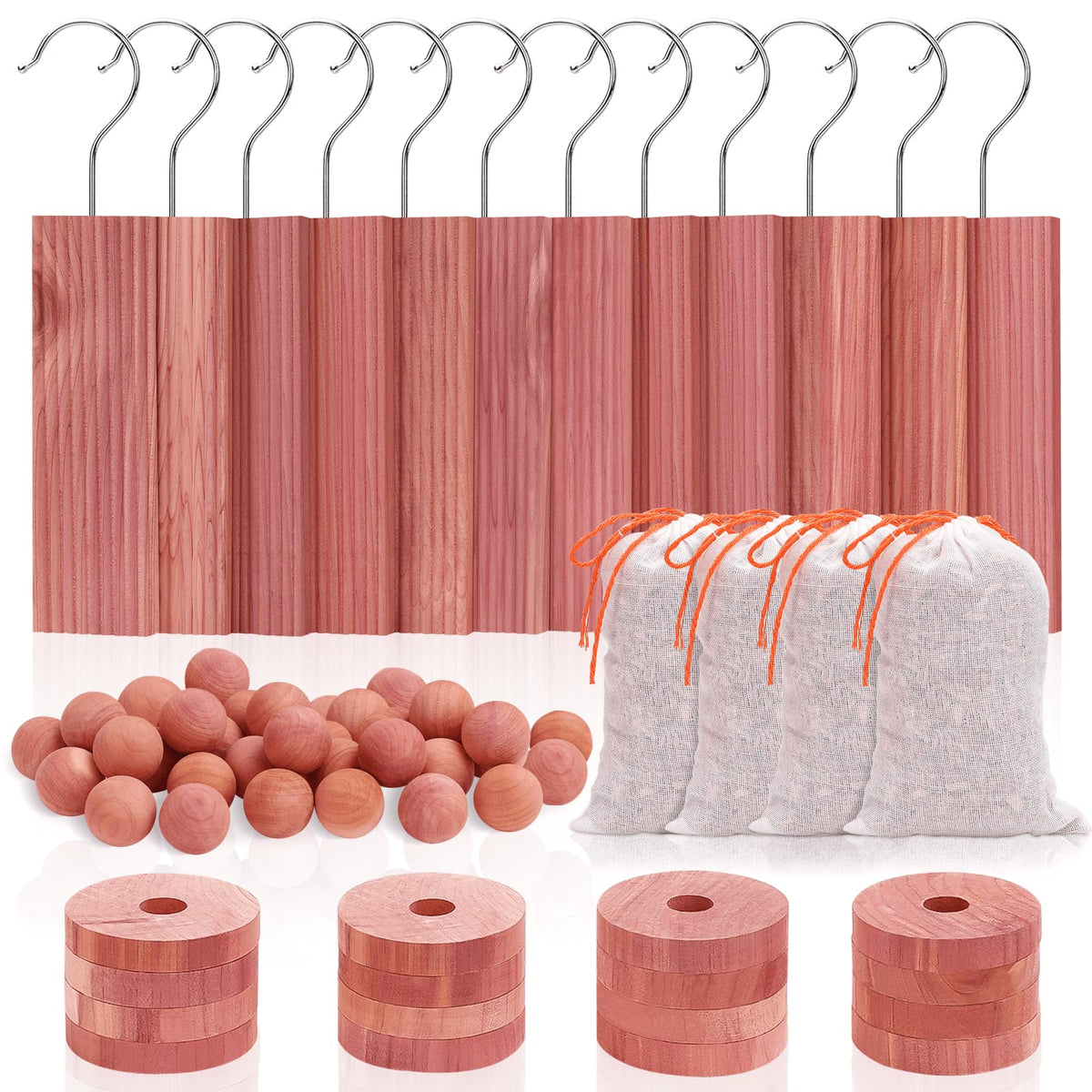 Homode cedar hang-ups pack displayed in a closet for fabric freshness.