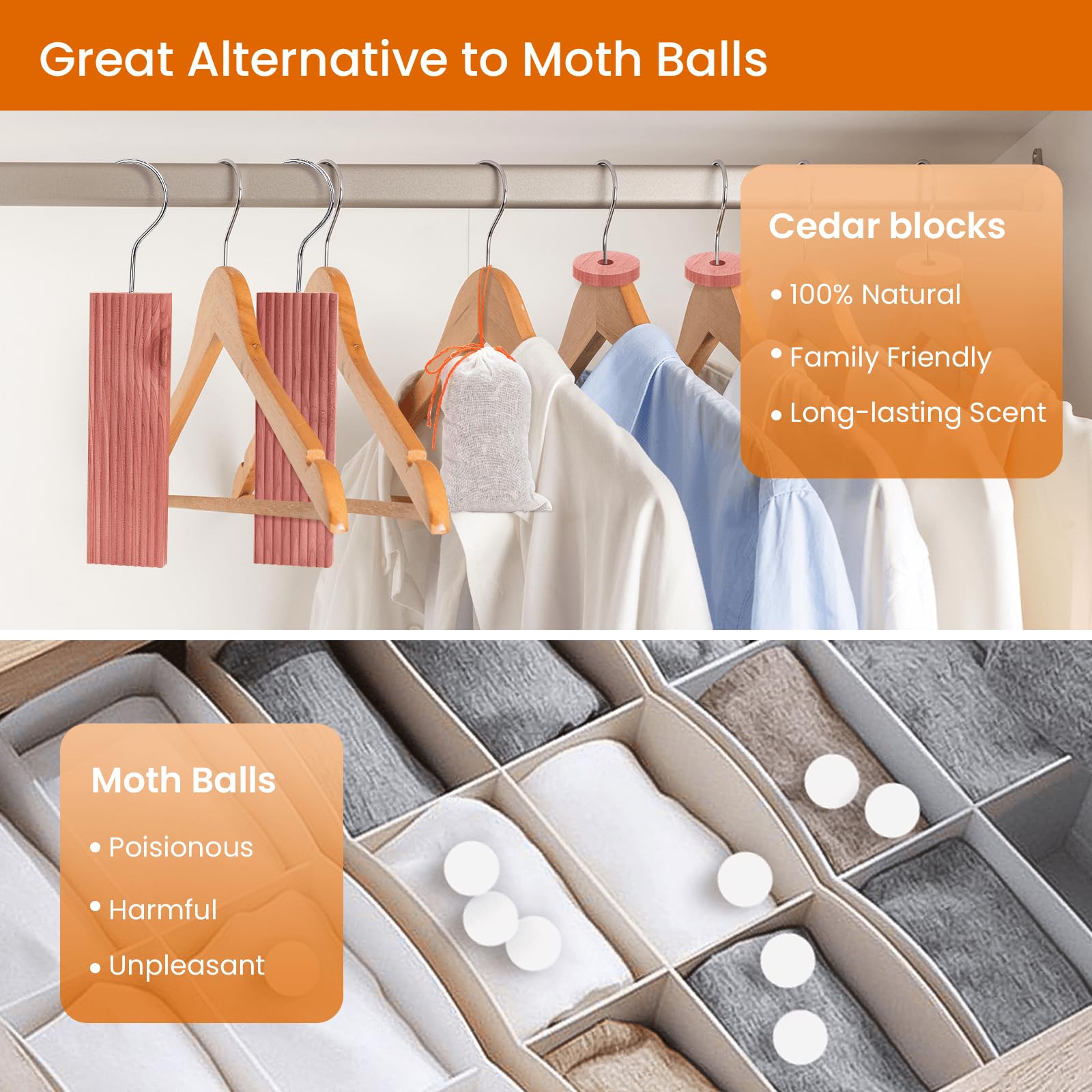 Homode cedar sachets in a closet shelf delivering subtle aromatic freshness.