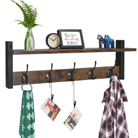 Homode coat rack with wall mount and wood shelf, front view for entryway organization