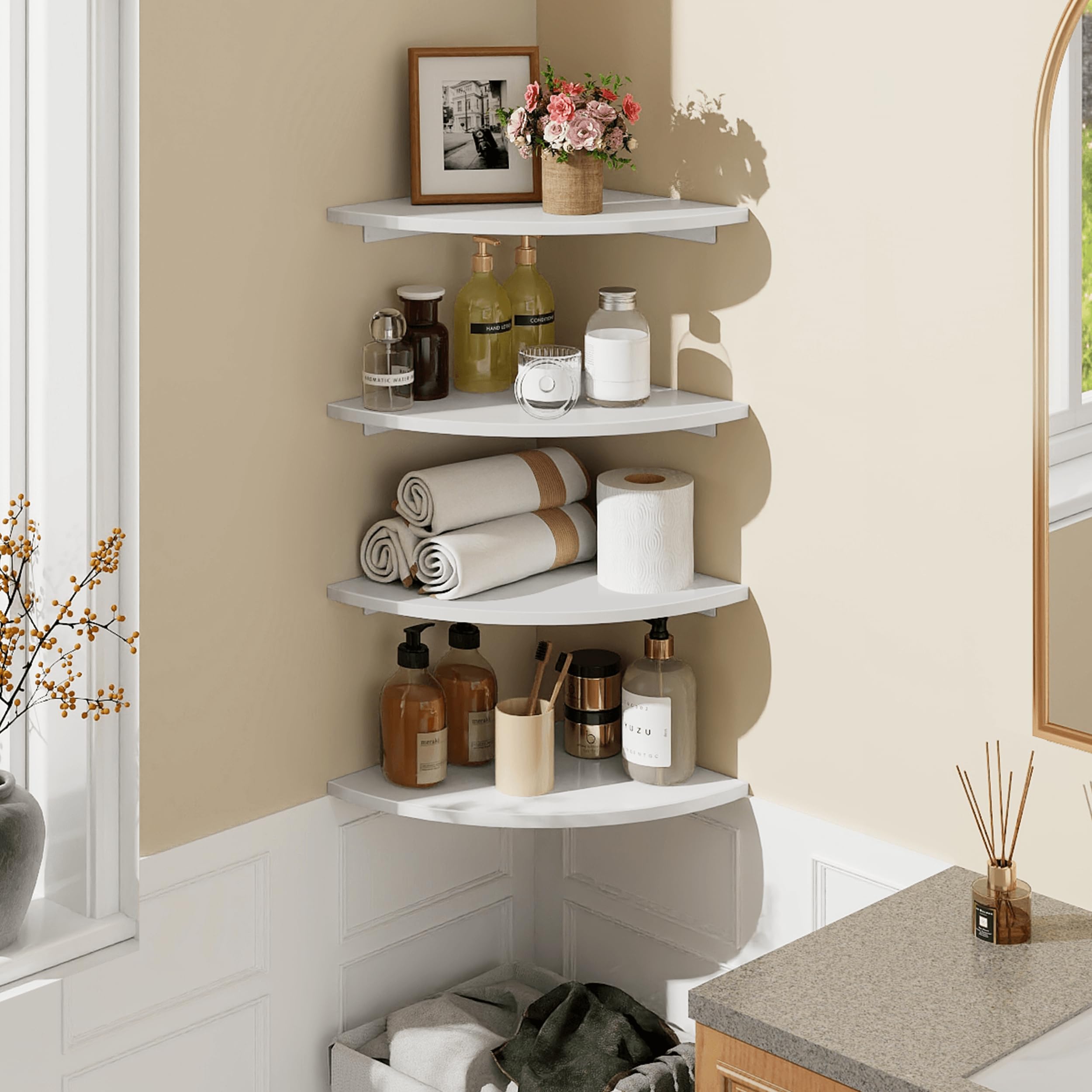 Homode corner floating shelf with cable hole for organized media setup.