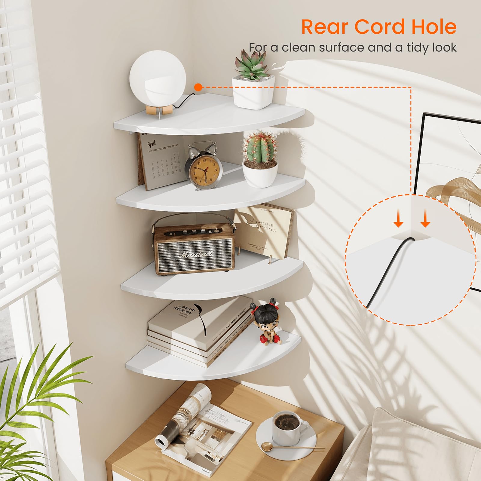 Homode white wood texture corner shelf mounted on wall in living room.