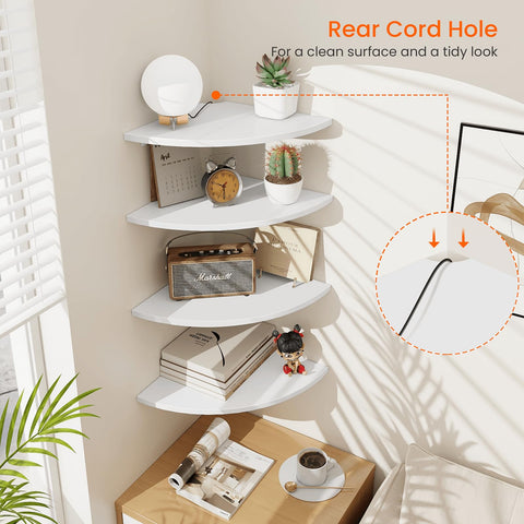 Homode white wood texture corner shelf mounted on wall in living room.