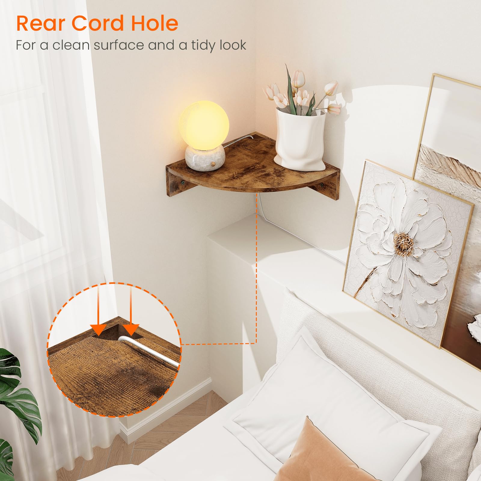Homode corner shelf shows edge trim detail for durability and style.