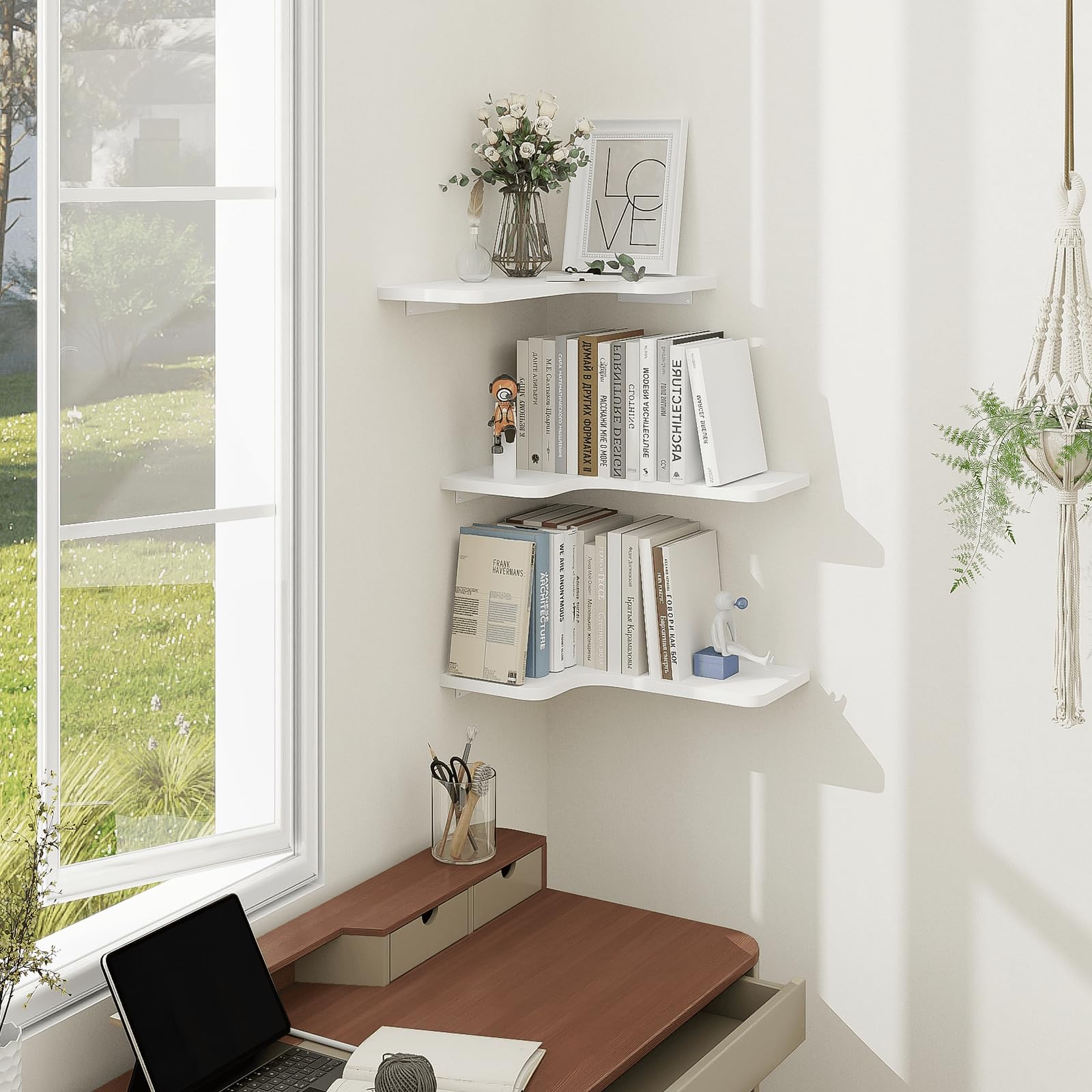 Homode corner shelves provide ample space for books, plants, decor.
