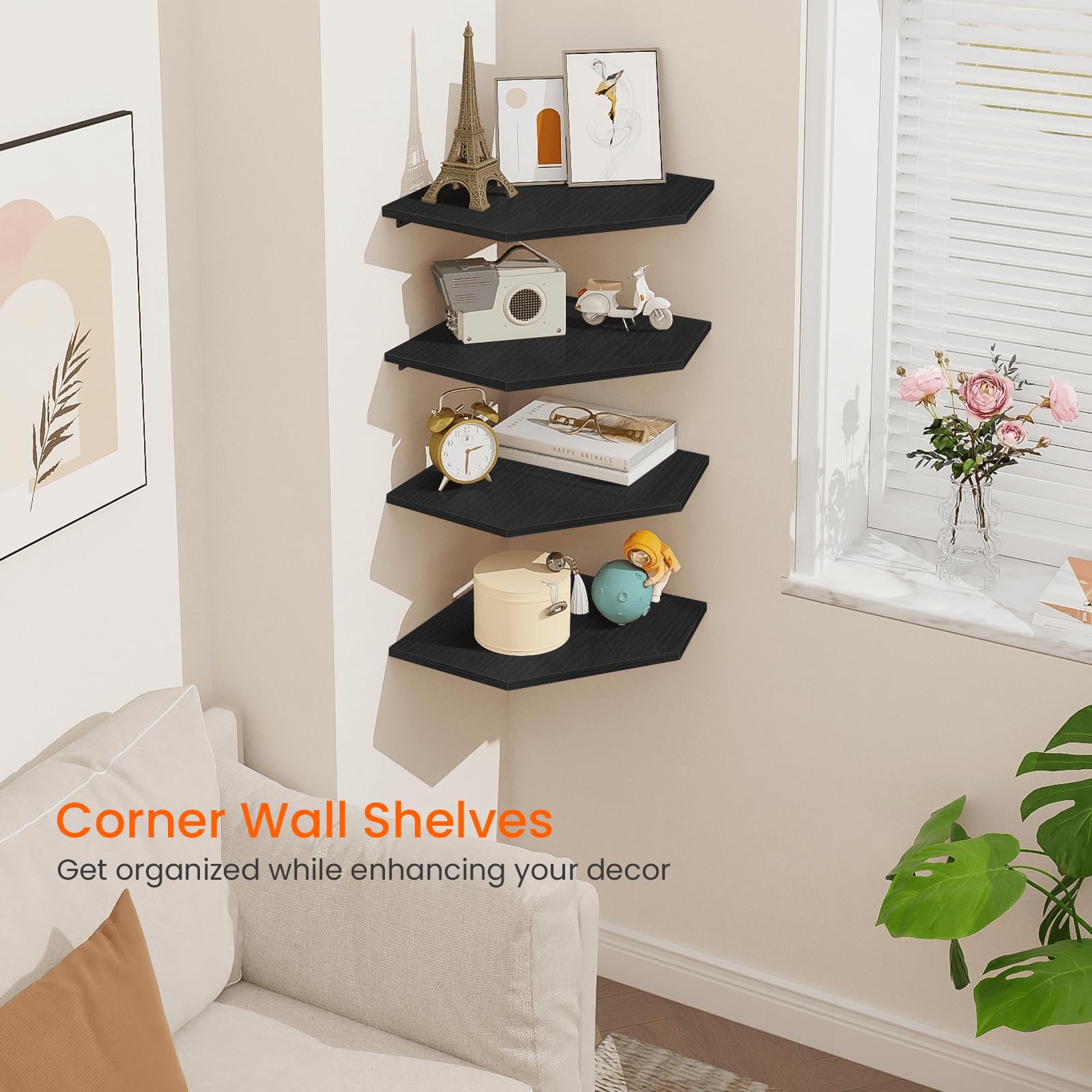 Homode corner shelves with rear cable hole for concealed wiring and TV setup.