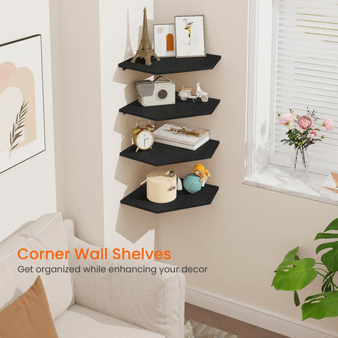 Homode corner shelves with rear cable hole for concealed wiring and TV setup.