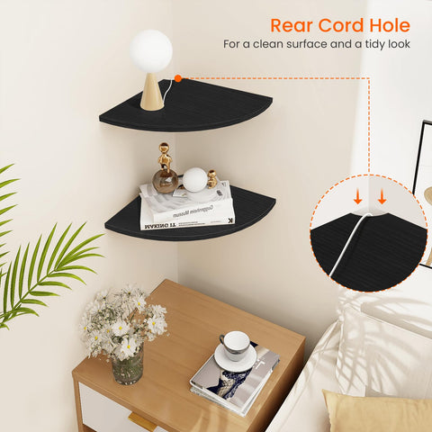 Homode corner shelves with cable-hole feature for tidy cables.