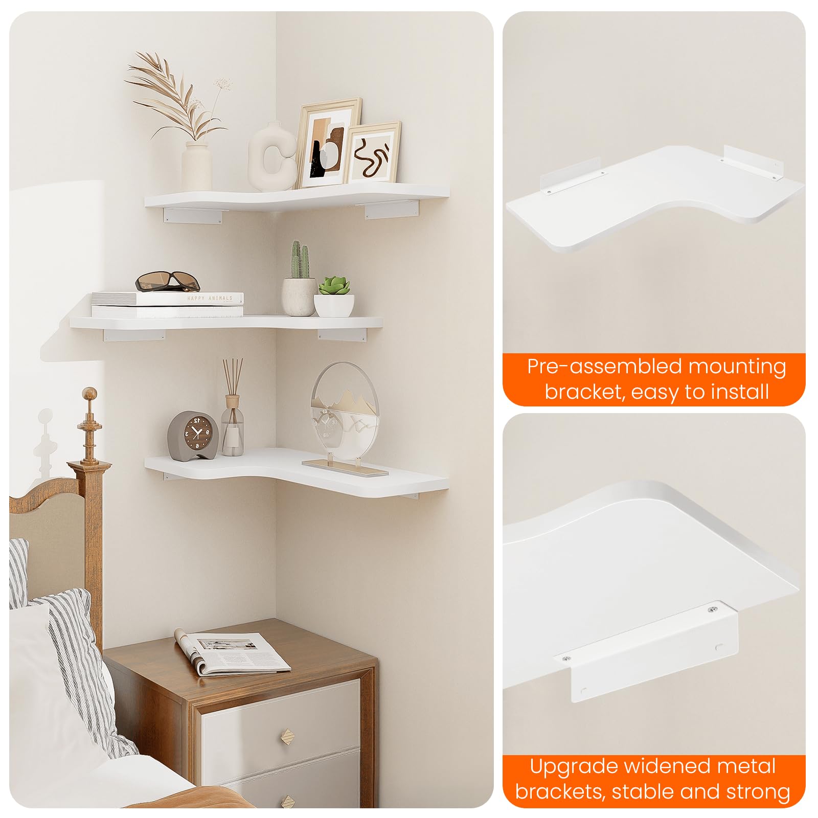 Homode corner shelves in white wood blend with kitchen and bath.