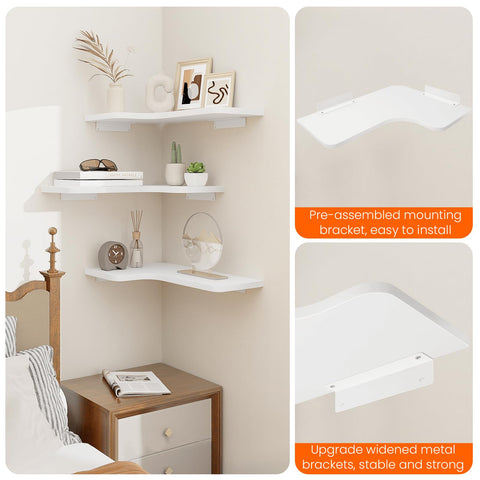 Homode corner shelves in white wood blend with kitchen and bath.