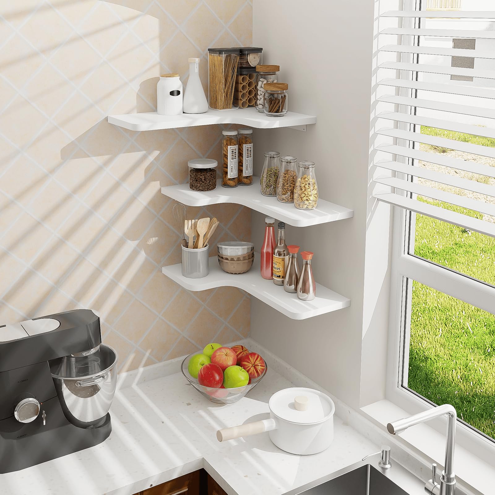 Homode corner shelves maximize wall space while concealing cords.