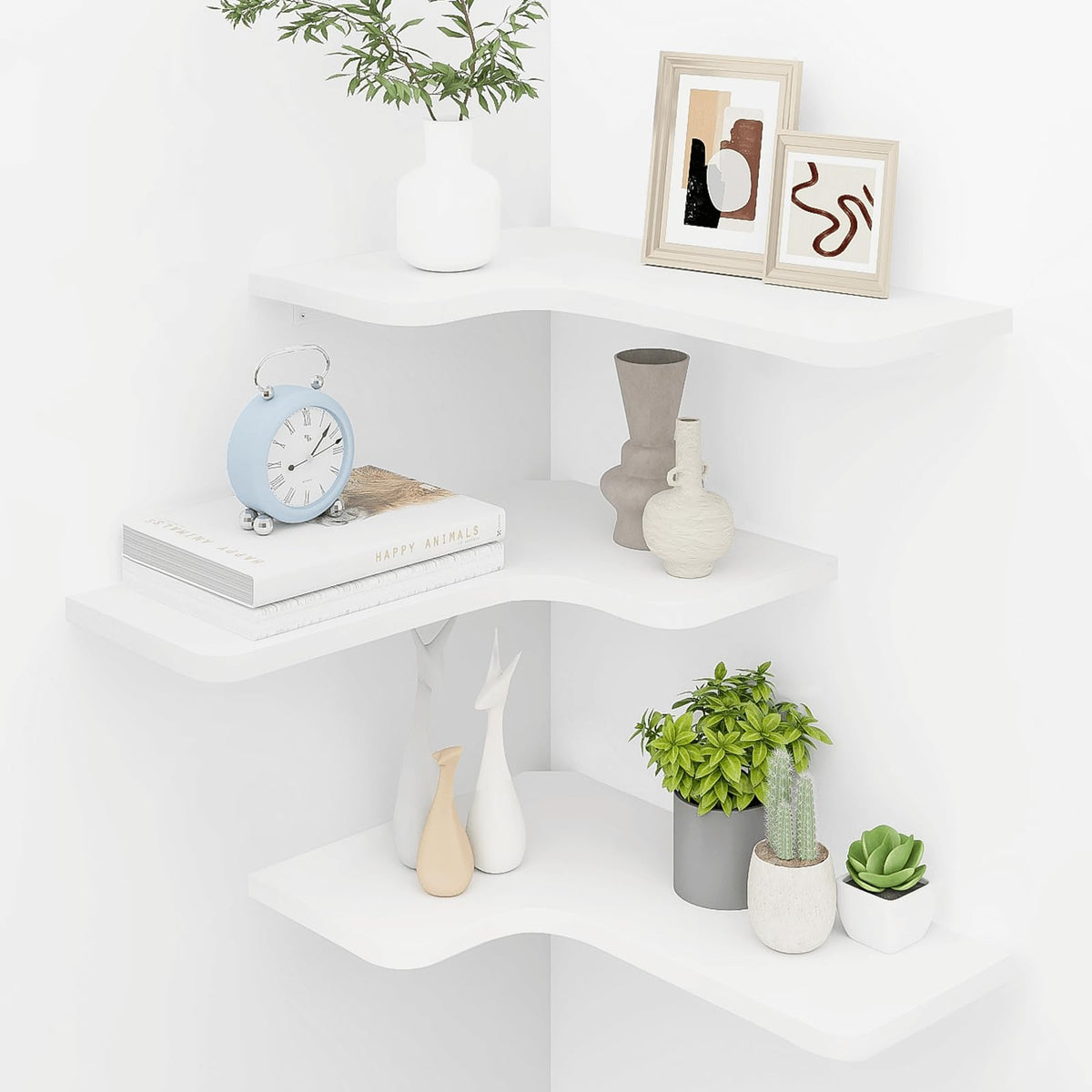 Homode corner shelves white L-shape front view for stylish corner storage.
