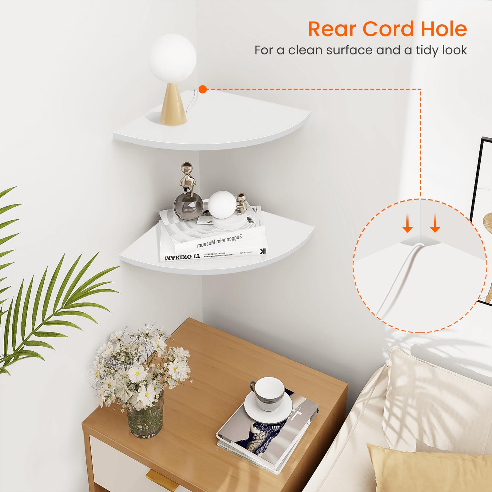 Homode Corner Wall Shelf 12in-wide white side view showing sturdy curved edge and stability.
