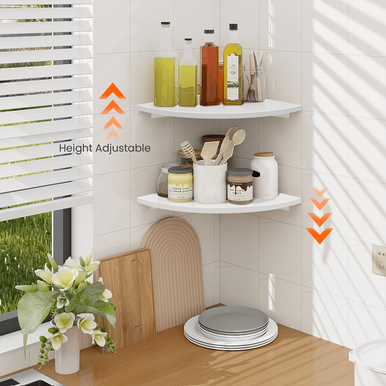 Homode Corner Wall Shelf living-room display promoting plants and photo frames.
