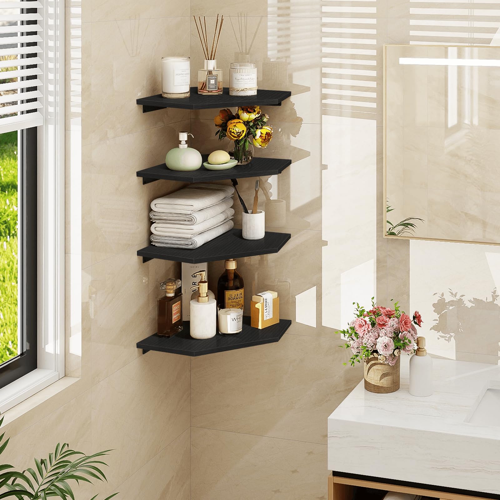 Homode diamond corner shelves are easy to install with pre-drilled brackets.