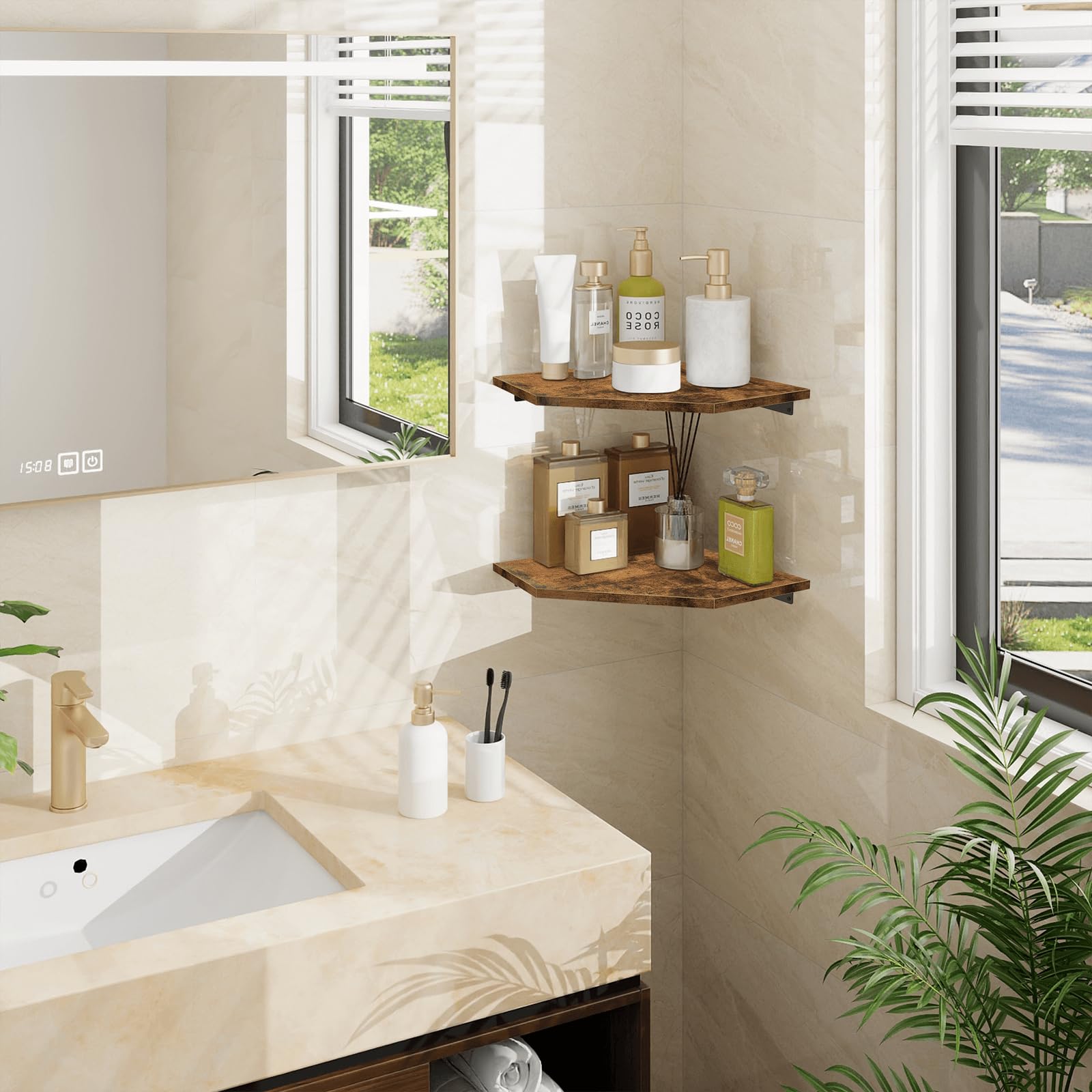 Homode display space for photos and plants enhances living room decor.