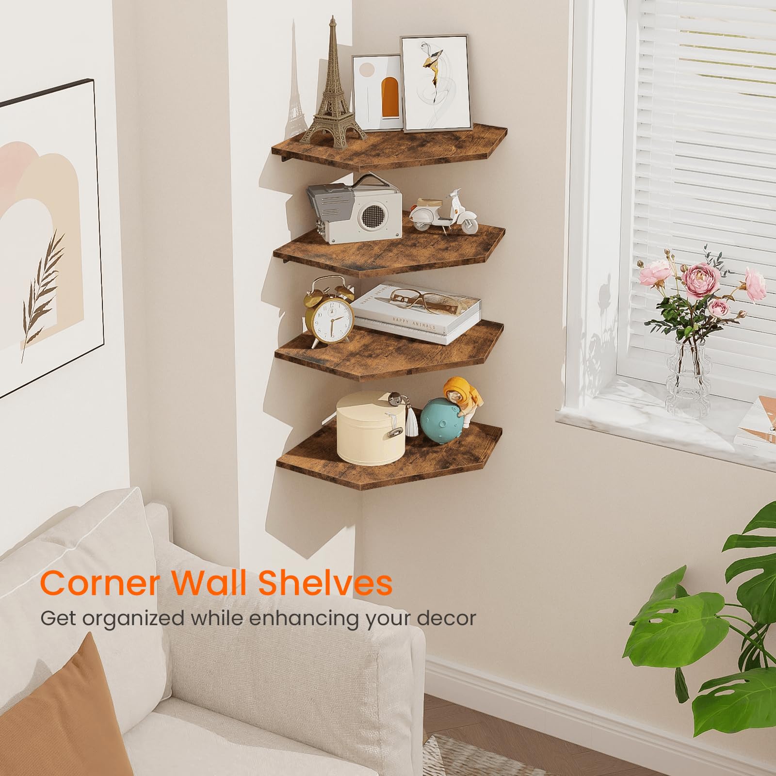 Homode floating corner shelves with rear cord hole for clean cable management.