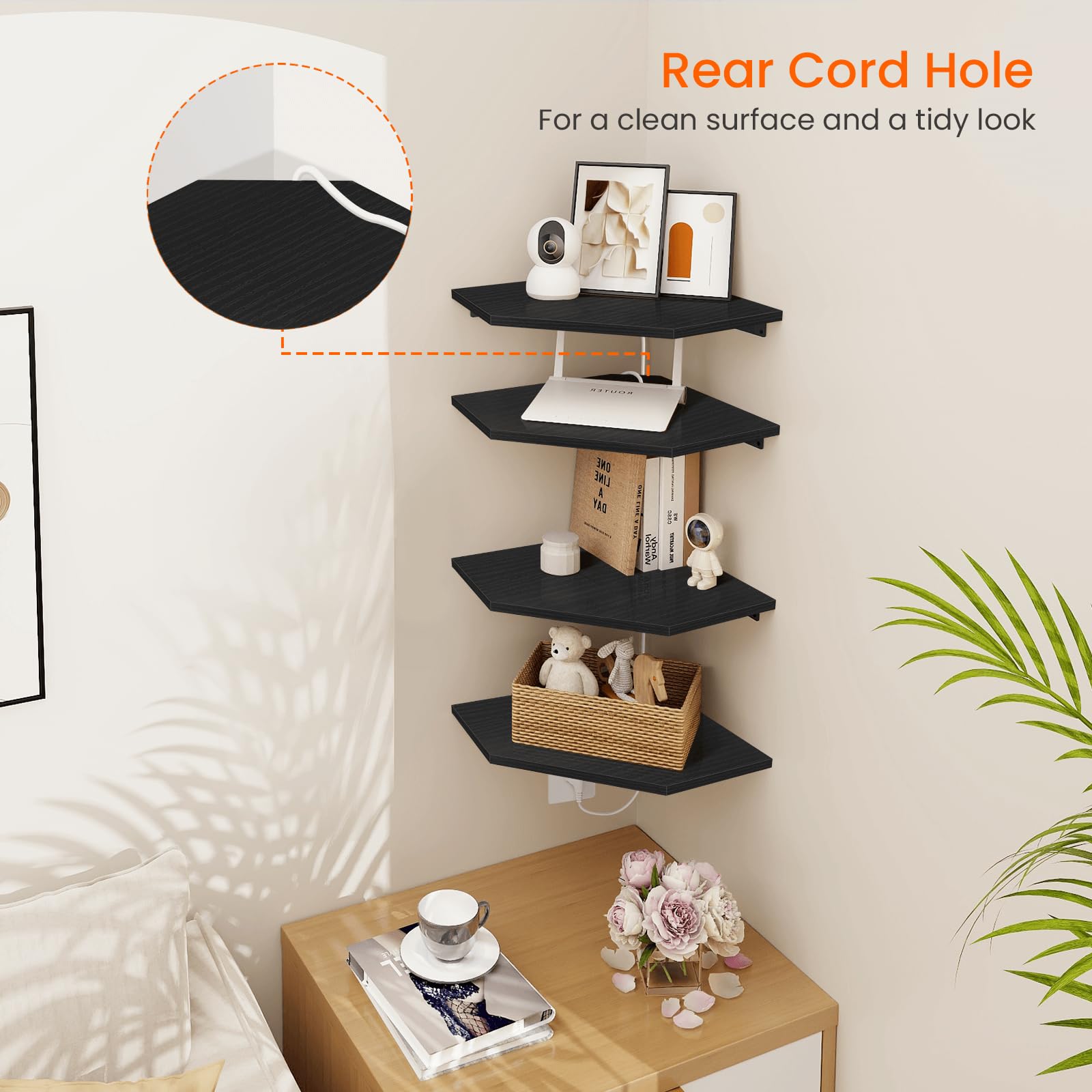 Homode four-tier corner shelves maximize wall space for plants and photos.