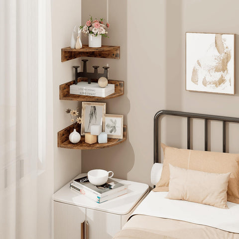 Homode rustic corner storage elevates decor while reducing clutter.