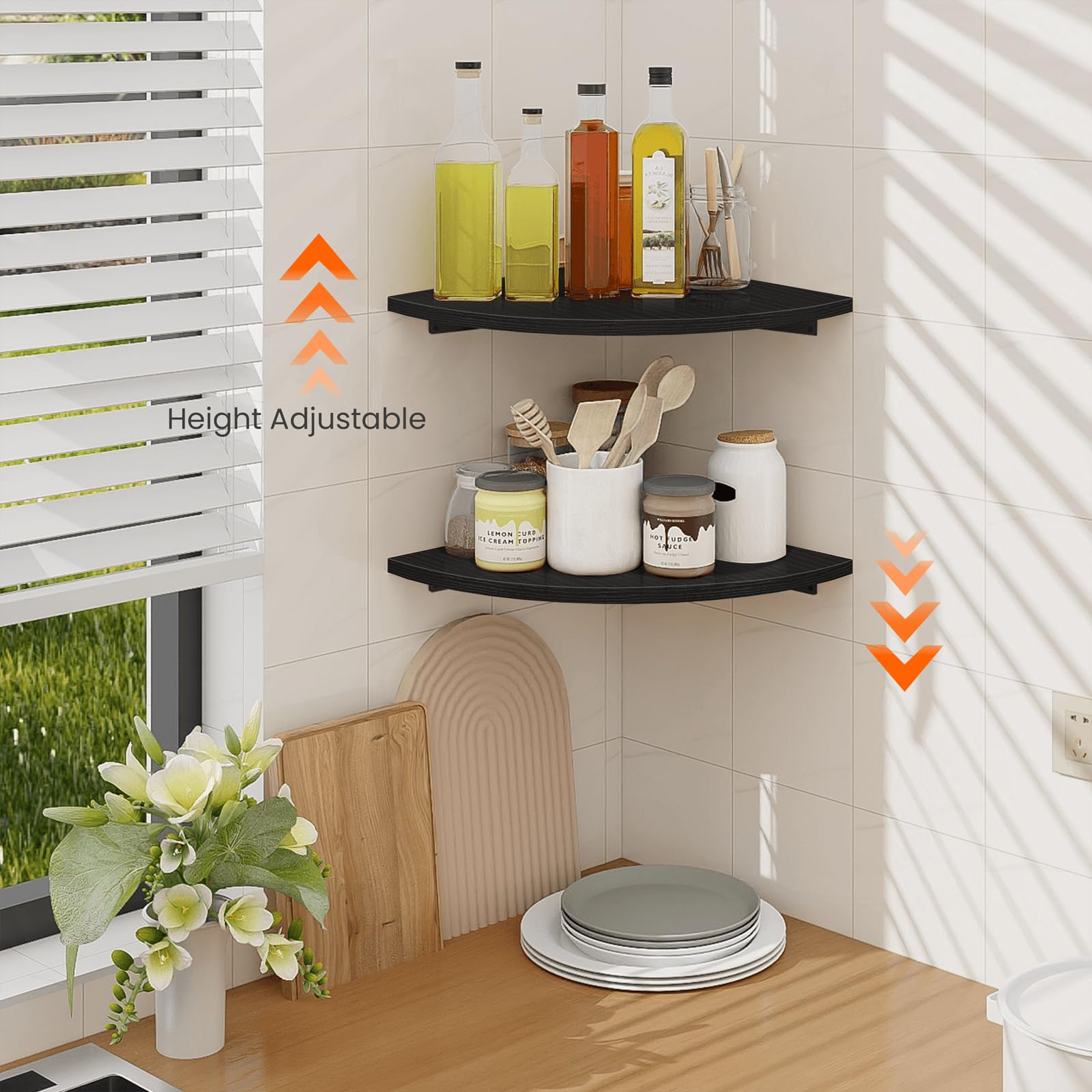 Homode shelves display decor, books, and plants while saving wall space.