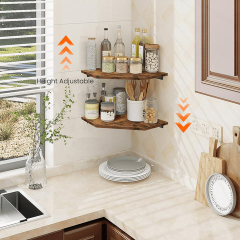 Homode two-tier rustic brown shelves provide stylish extra display and clutter control.