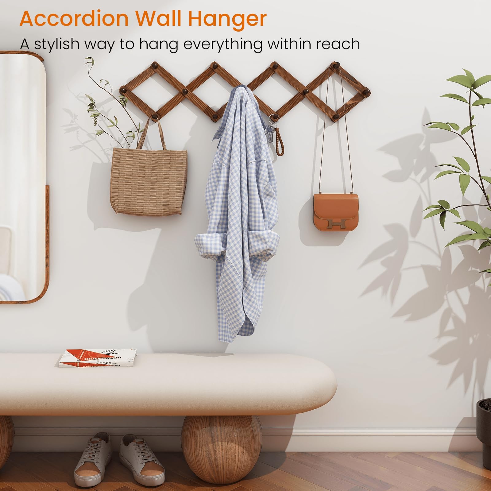 Homode peg rack with 13 hooks holds hats, coats, mugs and scarves.