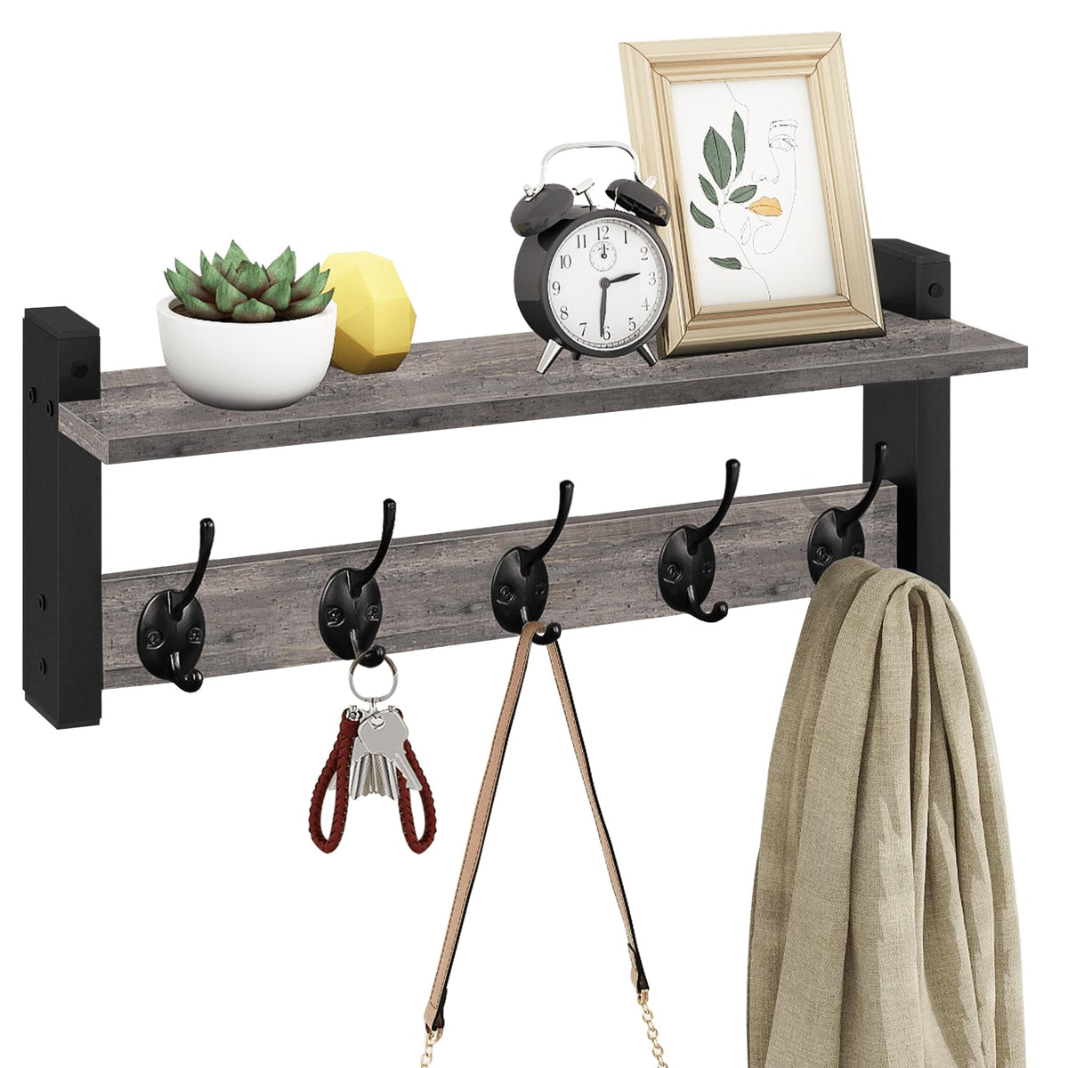 Homode wall hooks with shelf for entryway organization.