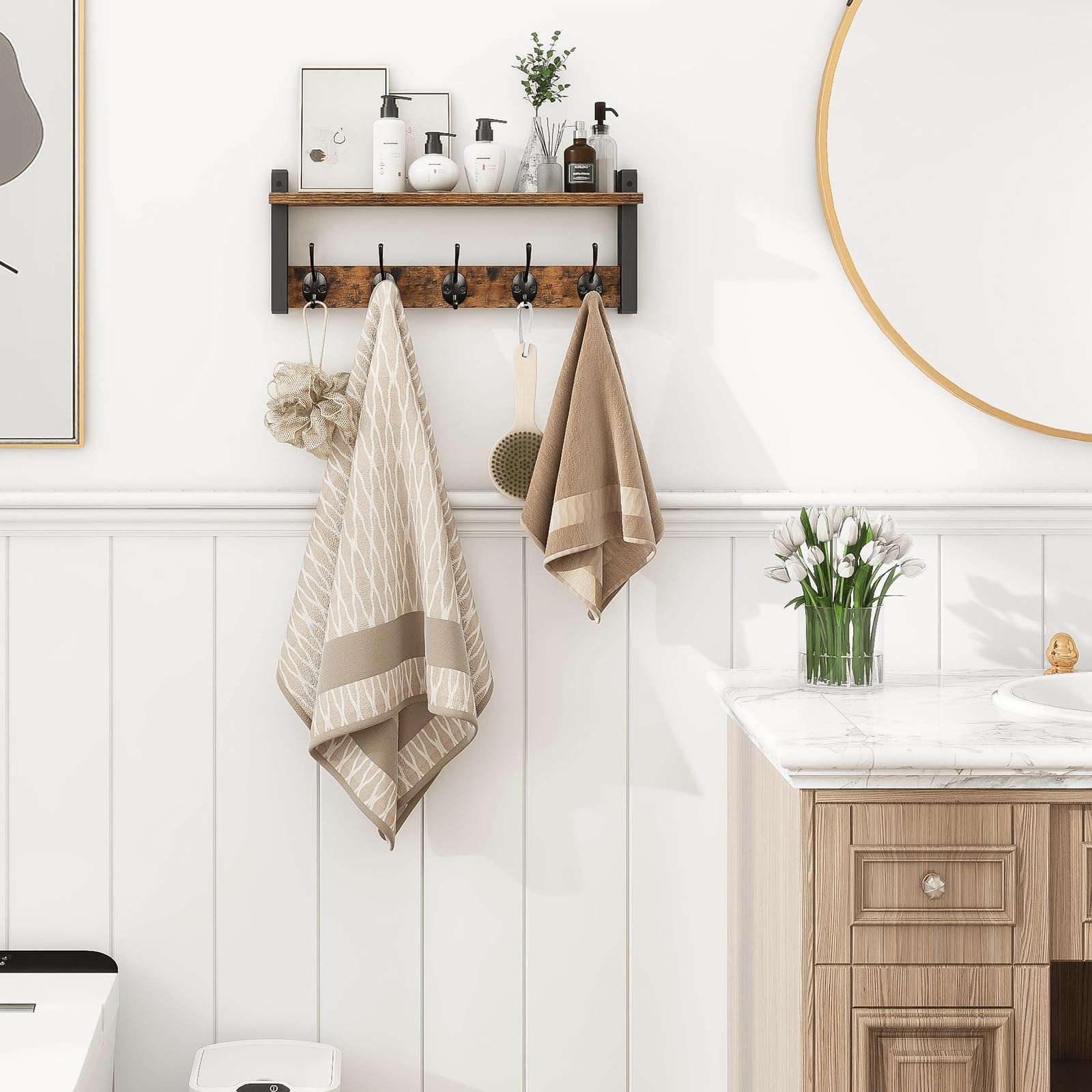 Close view of Homode shelf-mounted hooks on the wall