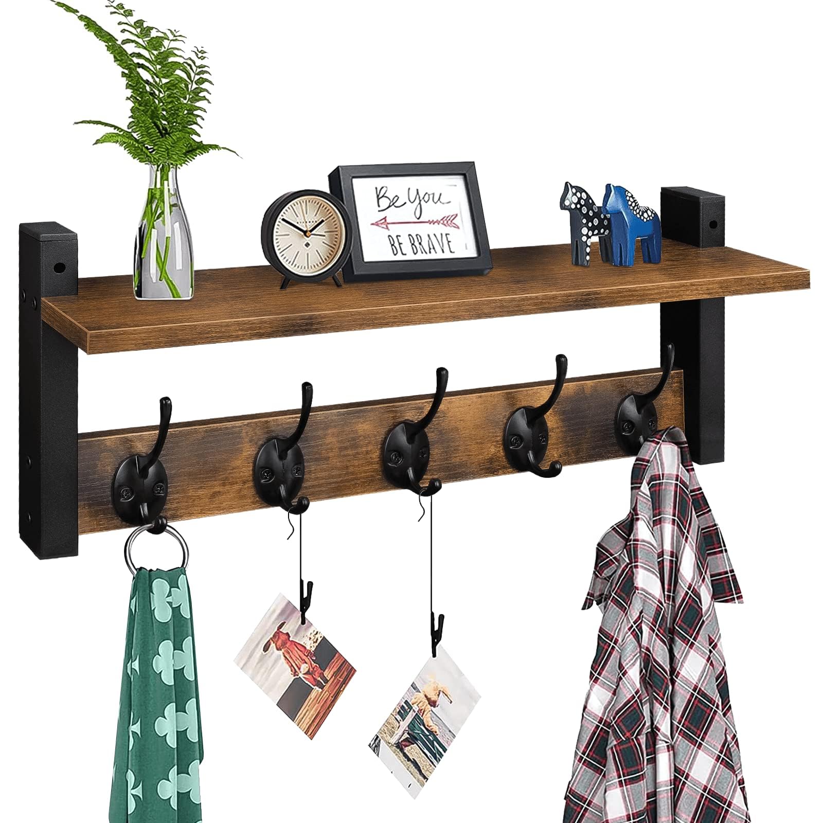 Homode wall hooks with shelf in rustic brown for organized entryways