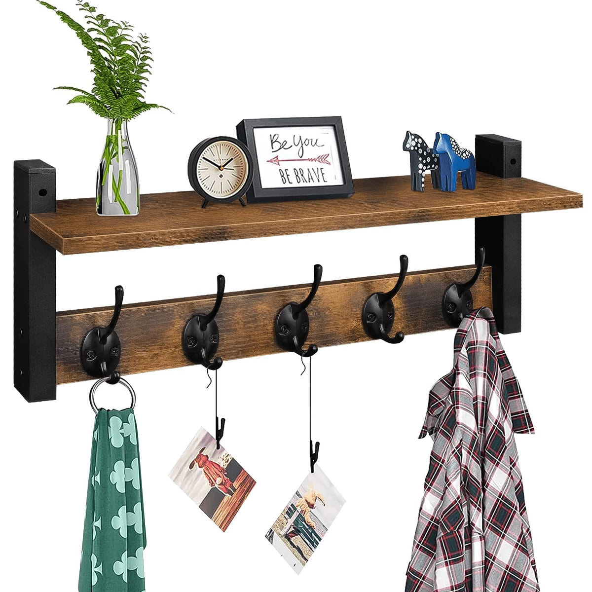 Homode wall hooks with shelf in rustic brown for organized entryways