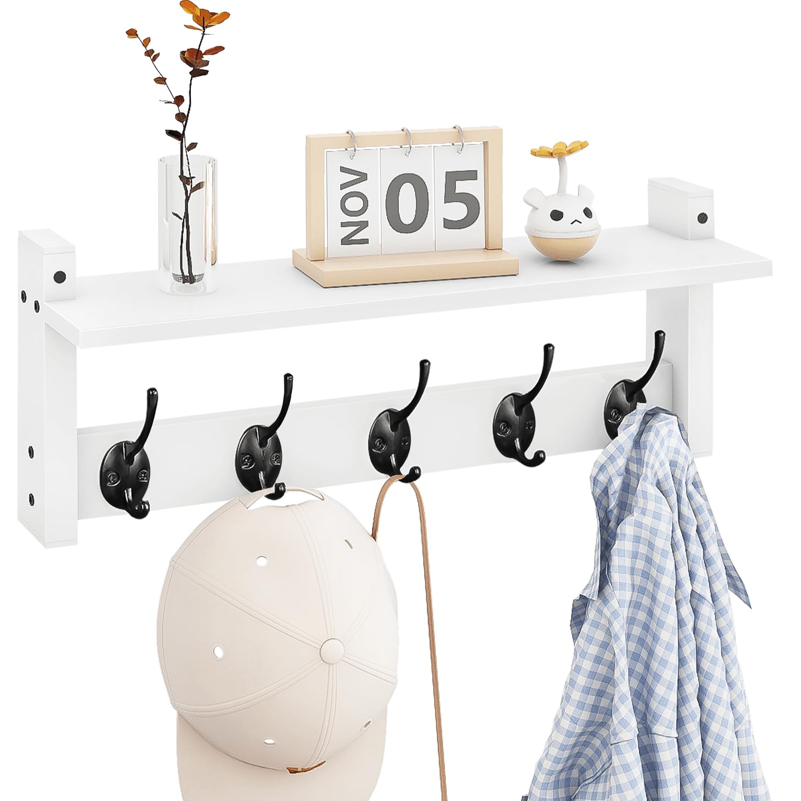 Homode wall shelf with hooks closeup highlighting sleek white finish and sturdy hanging options