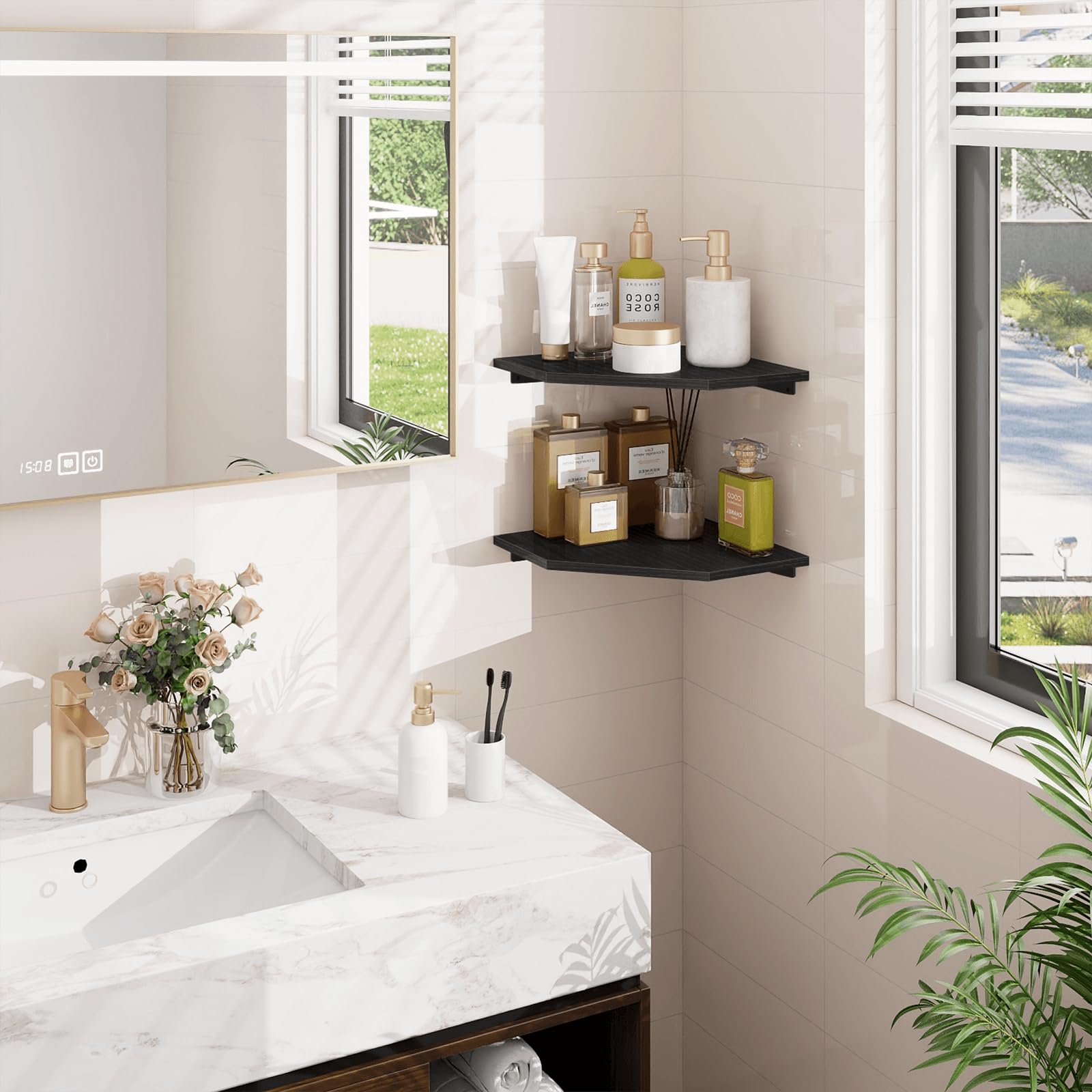 Homode shelves show cable management cutout for tidy wires behind devices