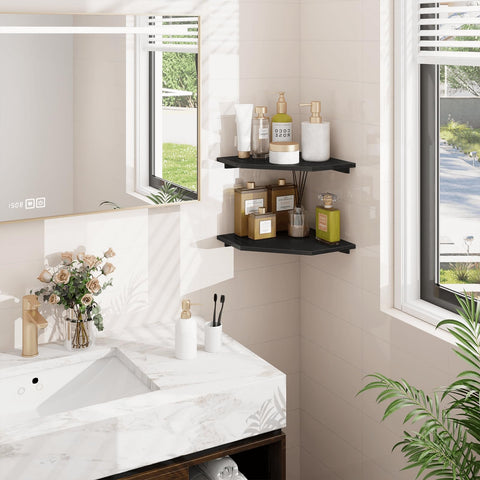 Homode shelves show cable management cutout for tidy wires behind devices