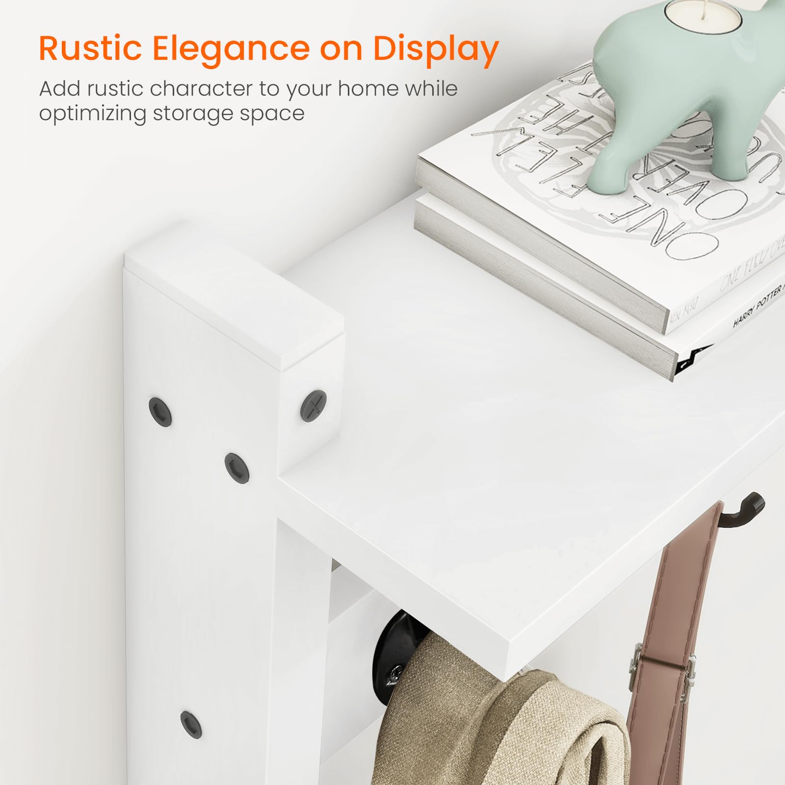 Homode wood and iron shelf display shows decorative storage and practical hooks