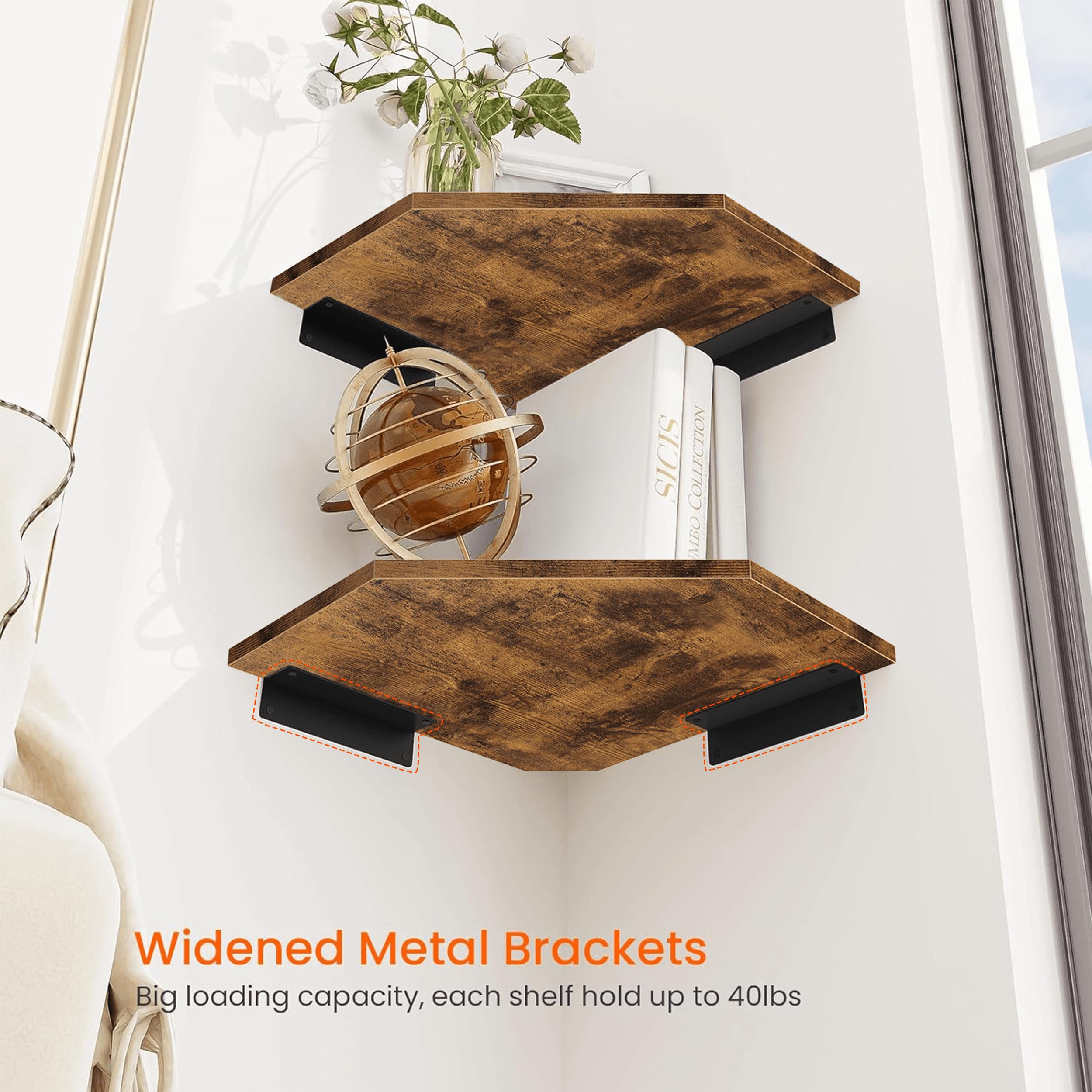 Homode wooden corner shelves suitable for bathroom, bedroom, and kitchen display.