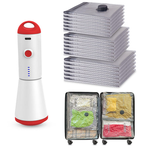 HOMOH travel vacuum bags with pump front view showing space-saving in suitcase