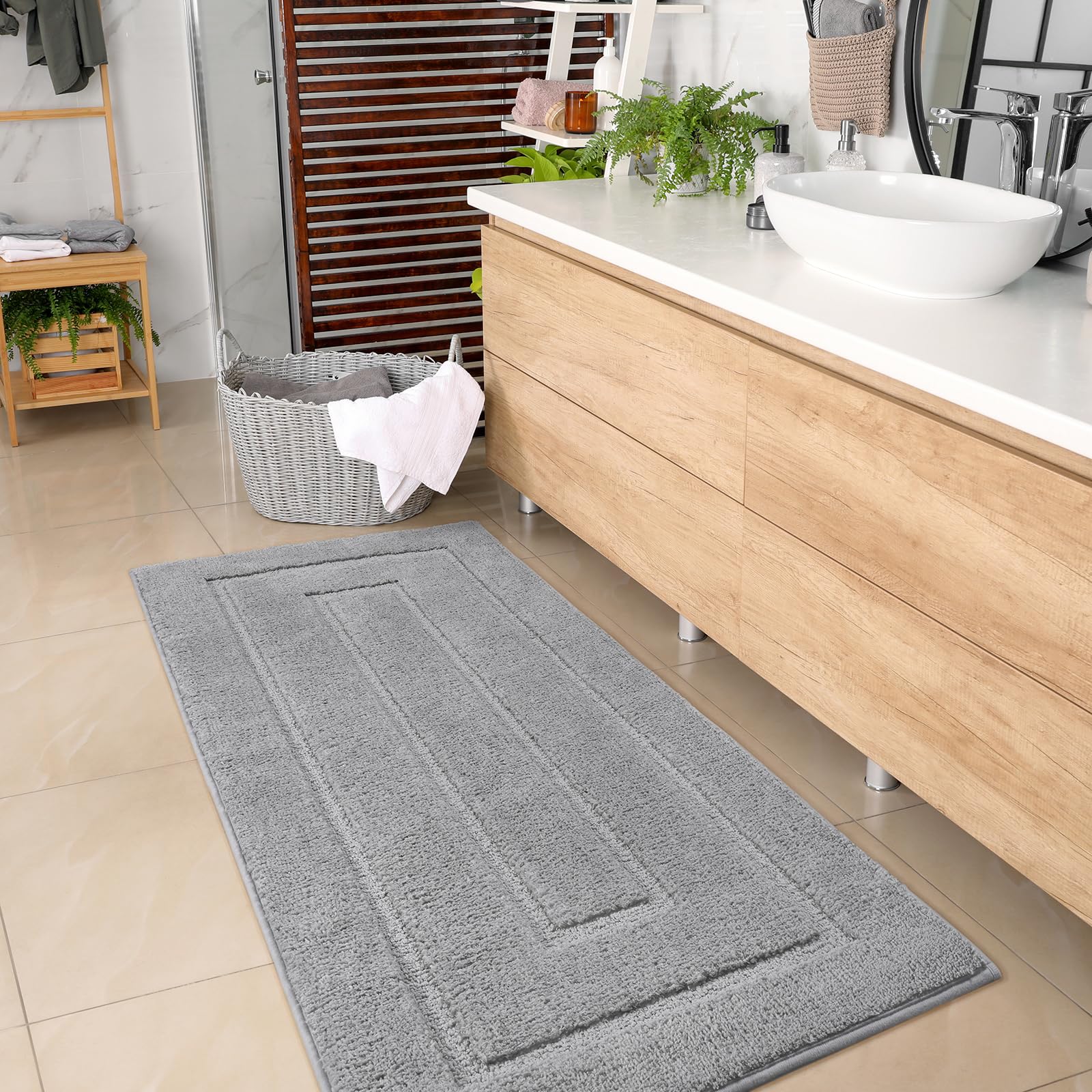 HOMORE Grey bathroom rug 24x60 modern design adds a neutral style to any space.