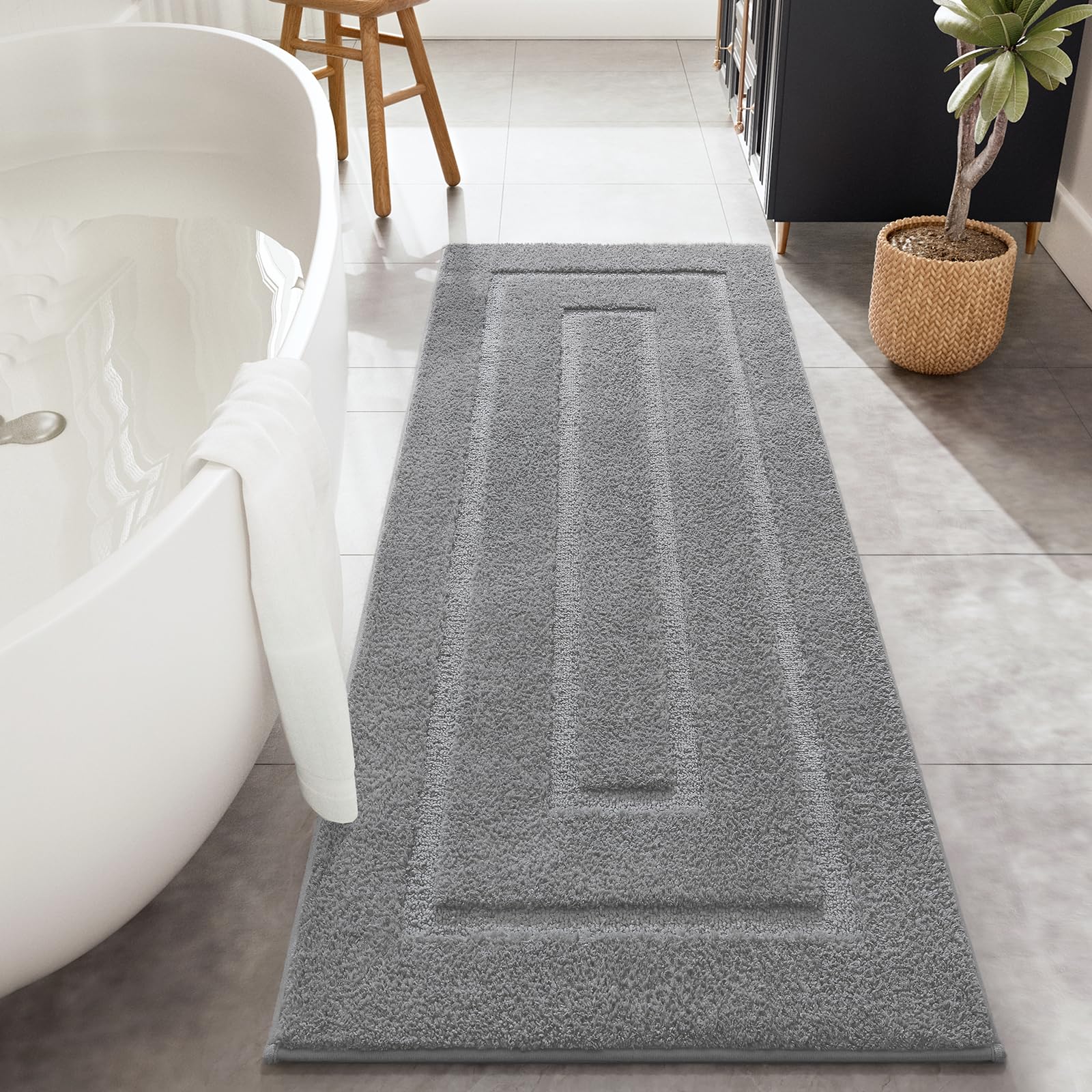 HOMORE Grey bathroom rug 24x60 with soft microfiber for quick absorption and foot comfort.