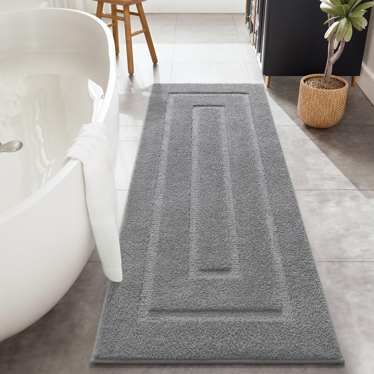 HOMORE Grey bathroom rug 24x60 with soft microfiber for quick absorption and foot comfort.