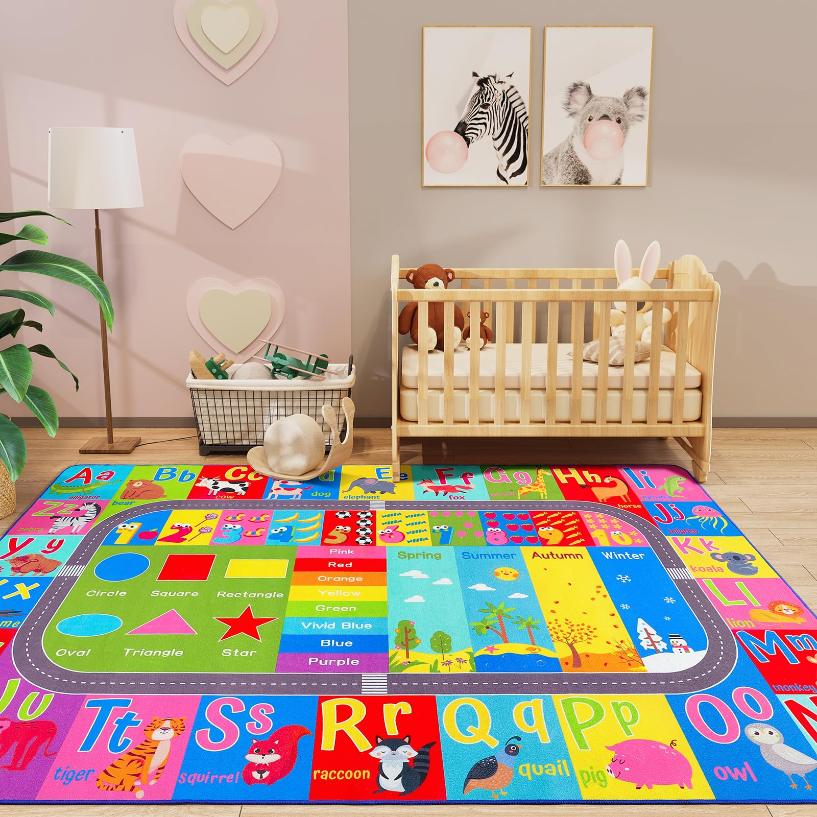 HOMORE rug includes animal vocabulary for storytelling adventures during play.