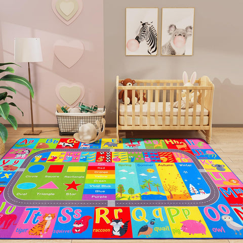 HOMORE rug includes animal vocabulary for storytelling adventures during play.