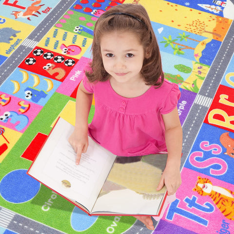 HOMORE rug teaches colors and shapes with vivid visuals for sensory learning.
