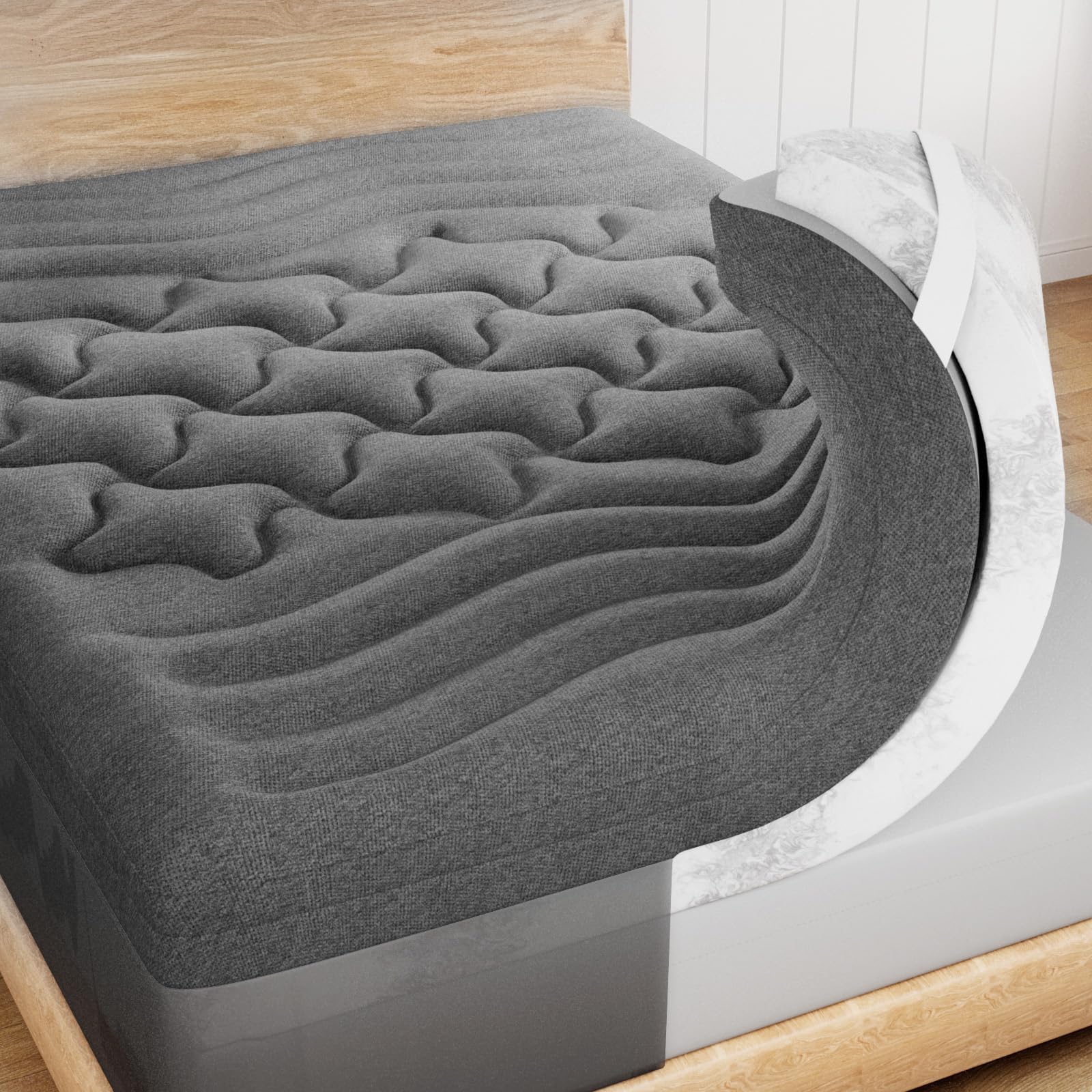 HOMRELEXA dual-layer 4in bamboo topper shown on a bed for breathable comfort