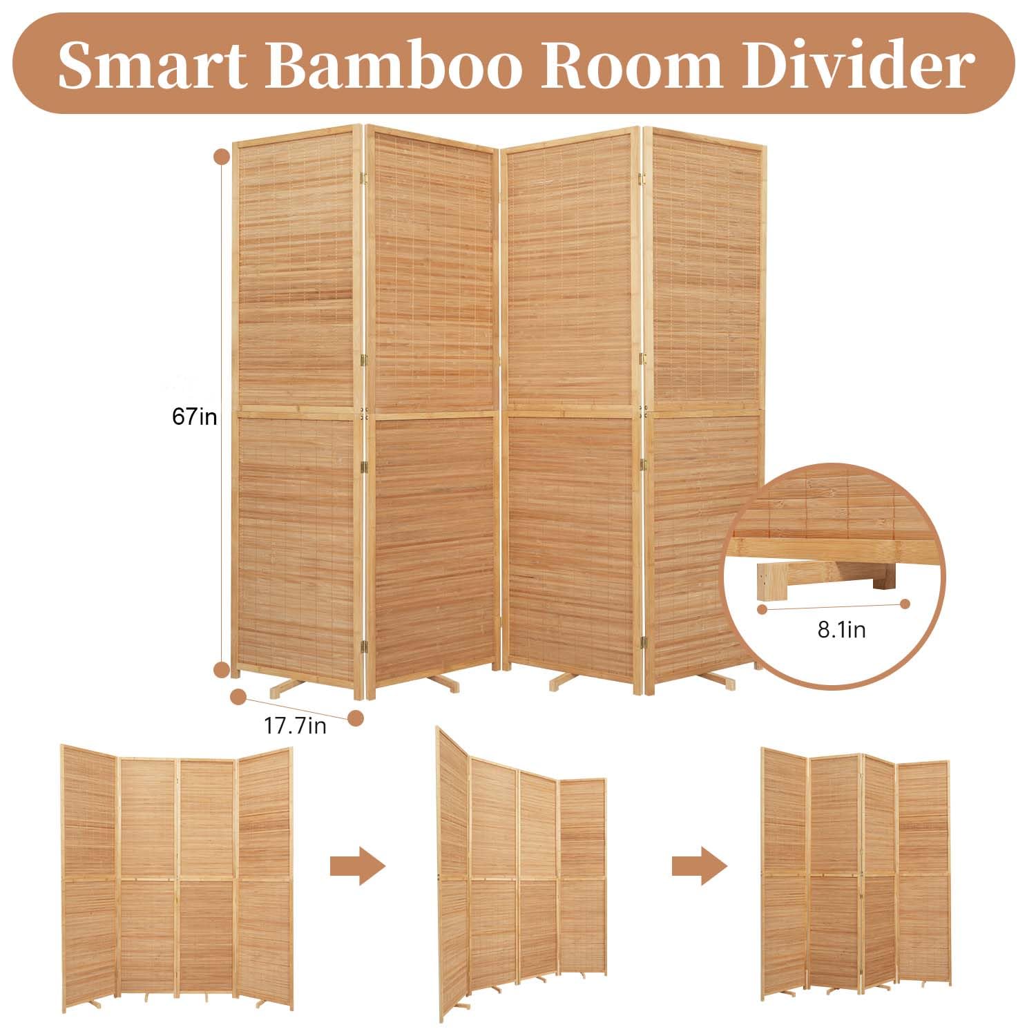 HOMSCREENER Bamboo Room Divider brass hinges enable smooth reconfiguration.
