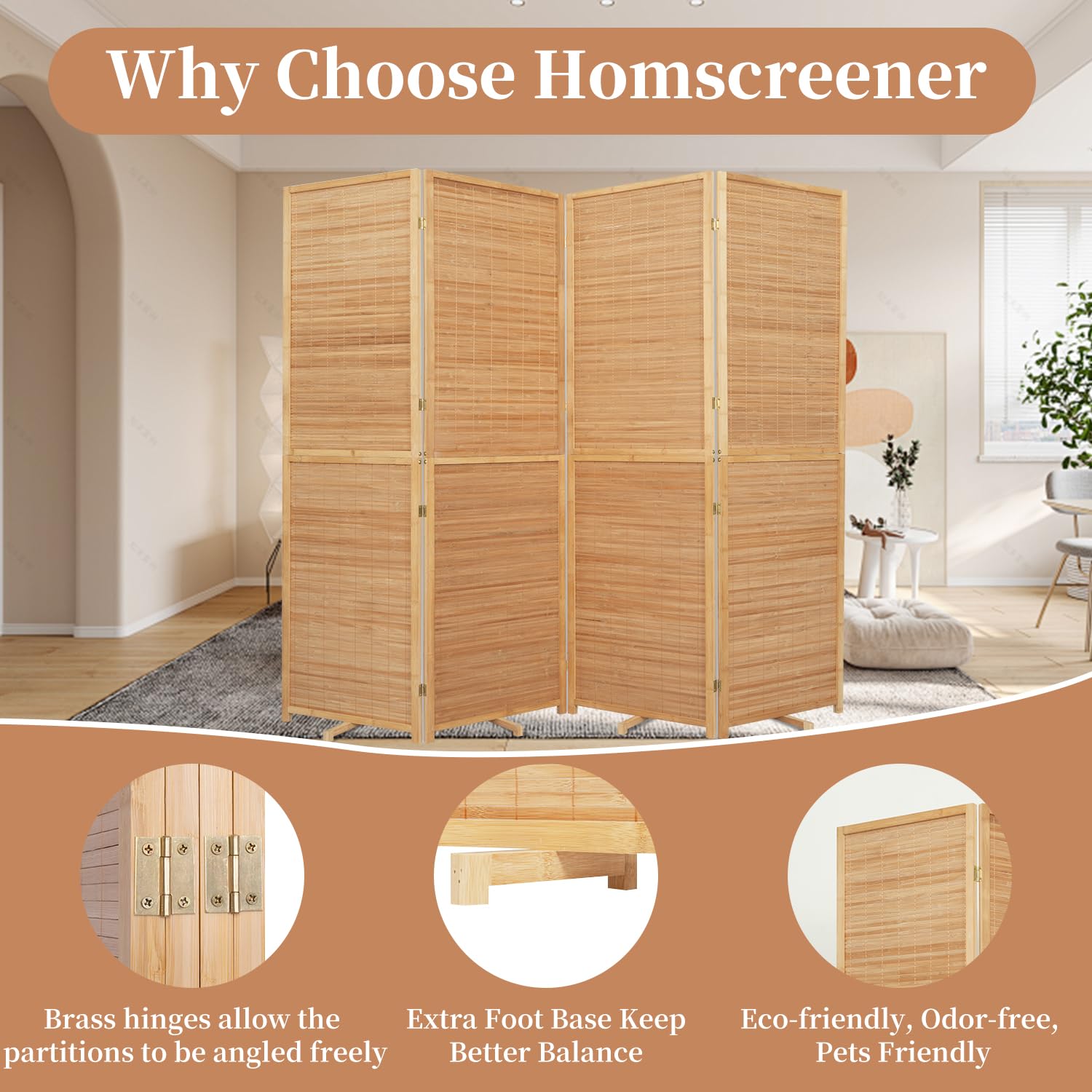 HOMSCREENER Bamboo Room Divider four-panel layout offers versatile room separation.