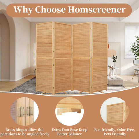 HOMSCREENER Bamboo Room Divider four-panel layout offers versatile room separation.