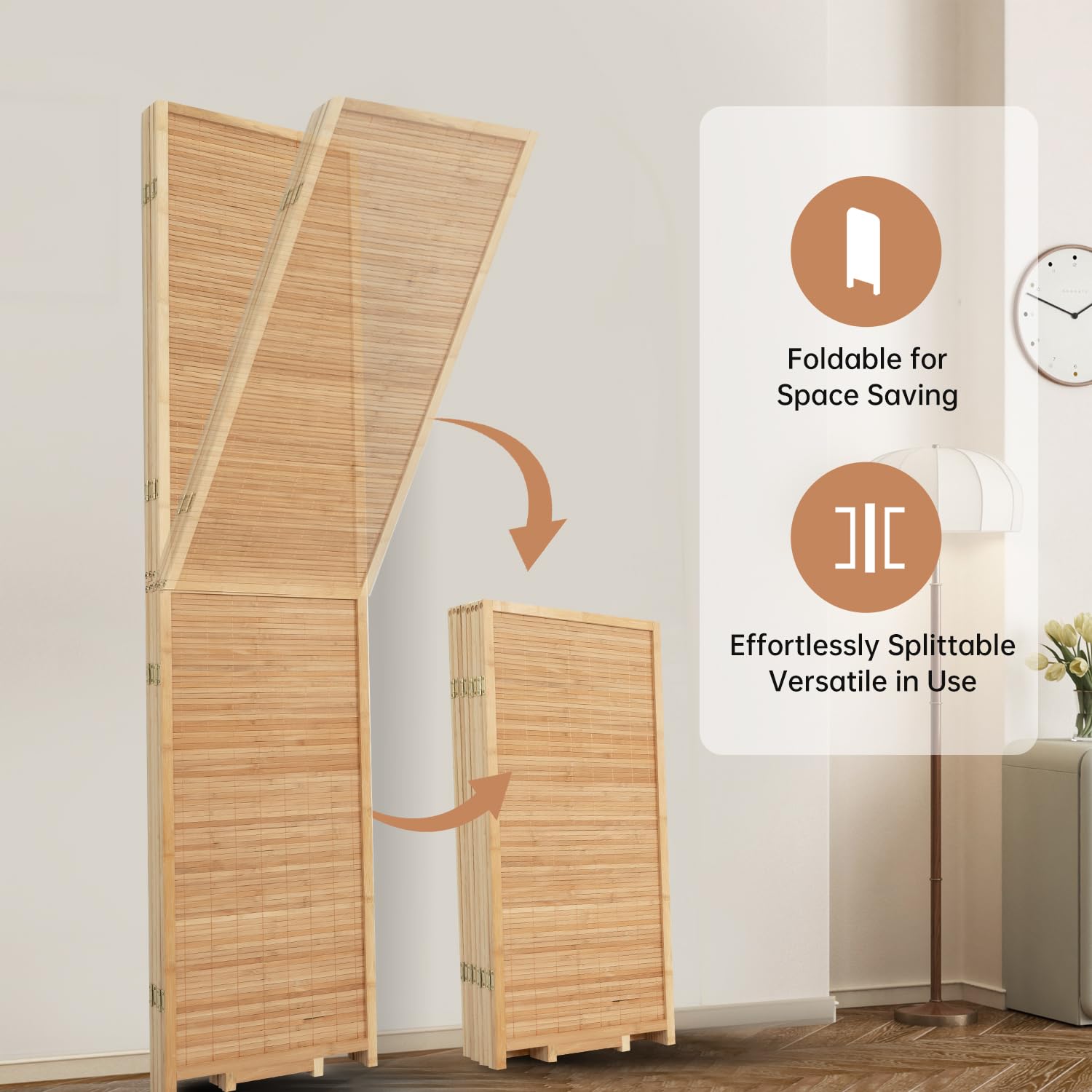 HOMSCREENER Bamboo Room Divider natural finish adds warm texture to interiors.